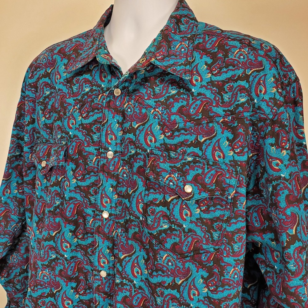 Vintage‎ Express Riders Shirt Mens XL Blue Paisley Western Pearl Snap 90's